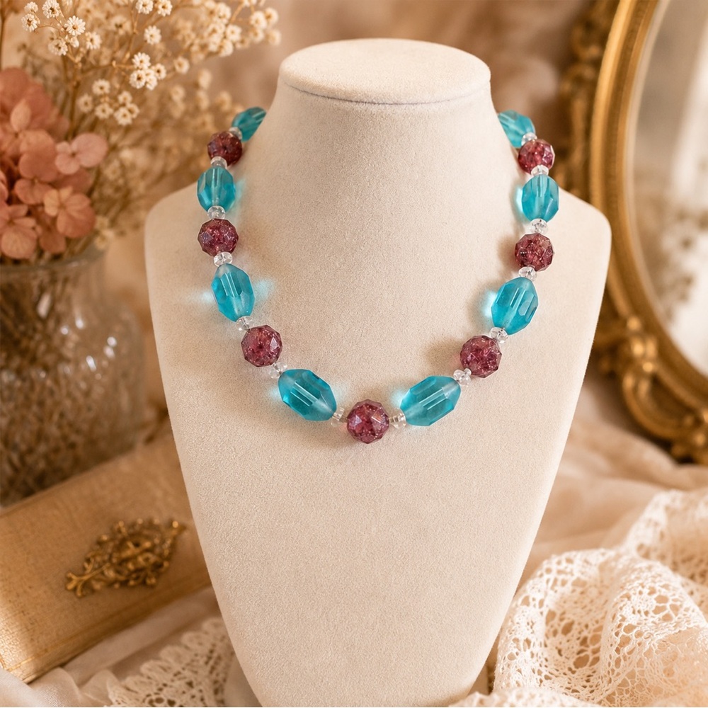 Vintage Aqua Blue & Purple Faceted Beaded Necklace Art Glass Statement Necklace